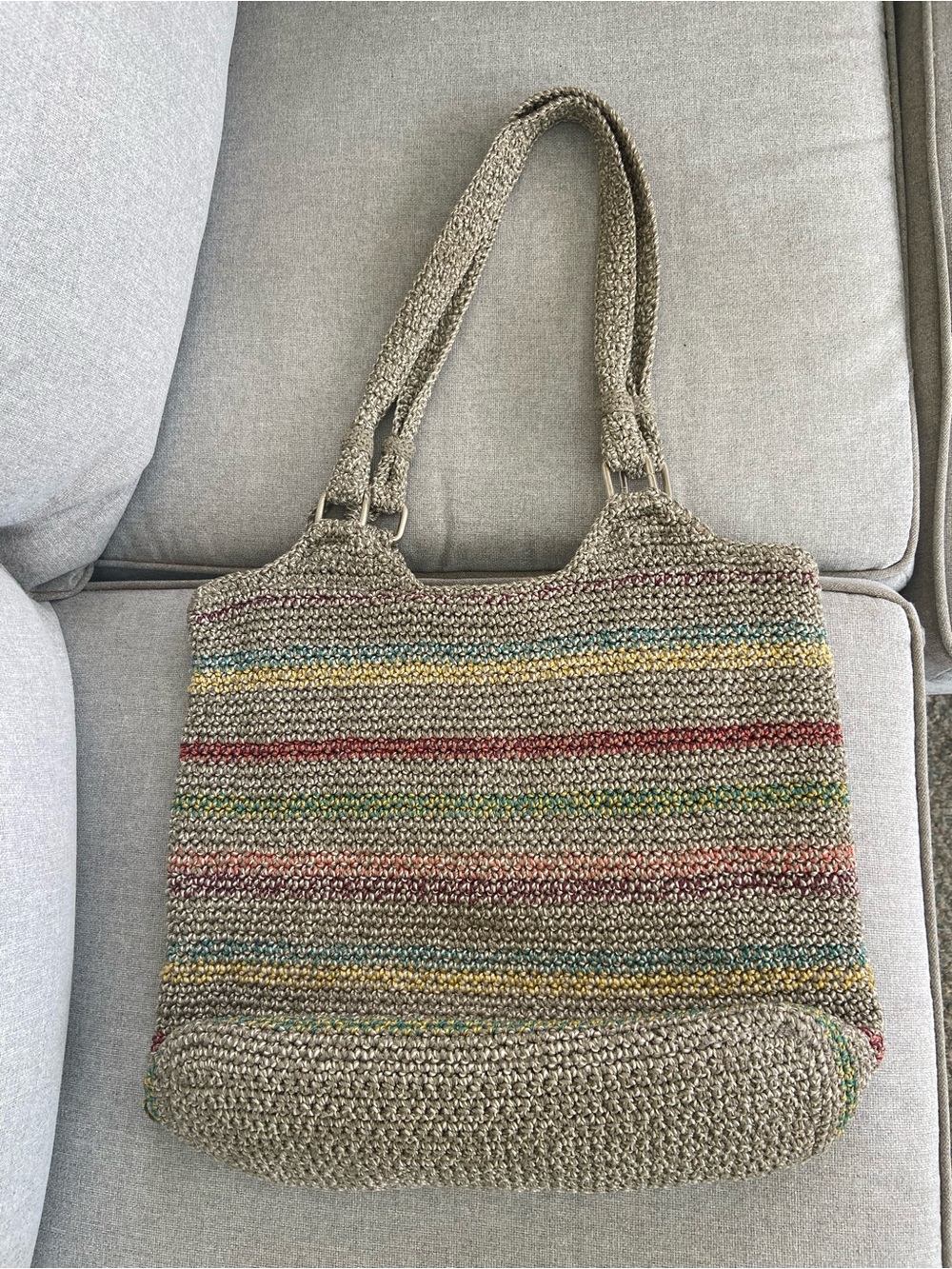 The Sak Beige Woven Tote with Multicolor Stripe Details